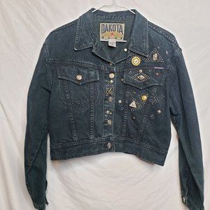 Vintage Denim Jacket Embellished Size Med Made Hong Kong Retro 80s 90s Dark Blue